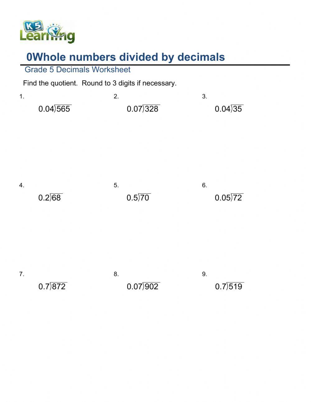 Dividing Whole Numbers by Decimals