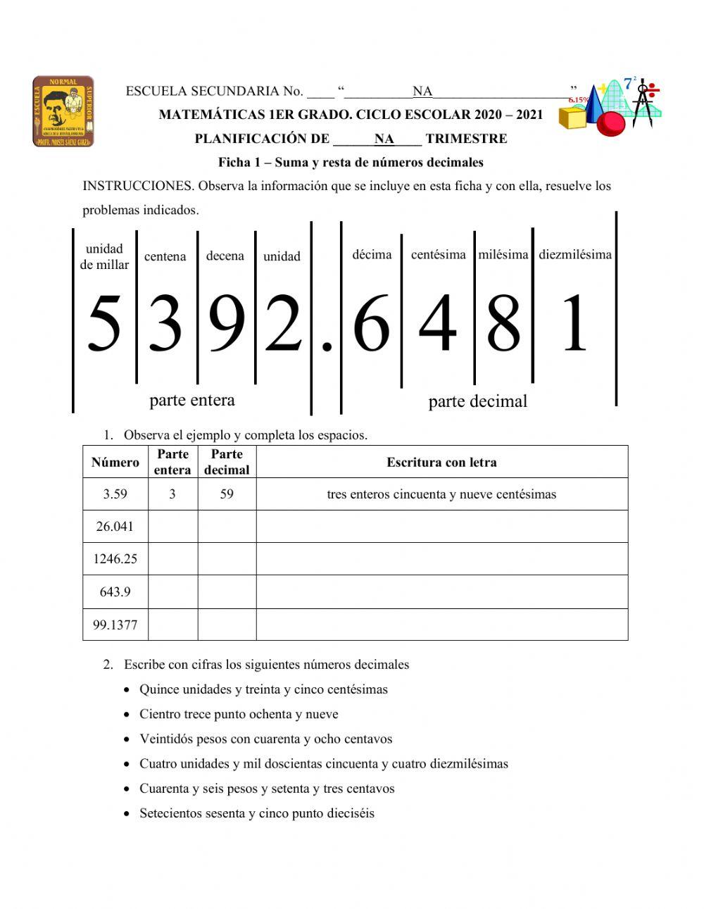 Ficha de números decimales