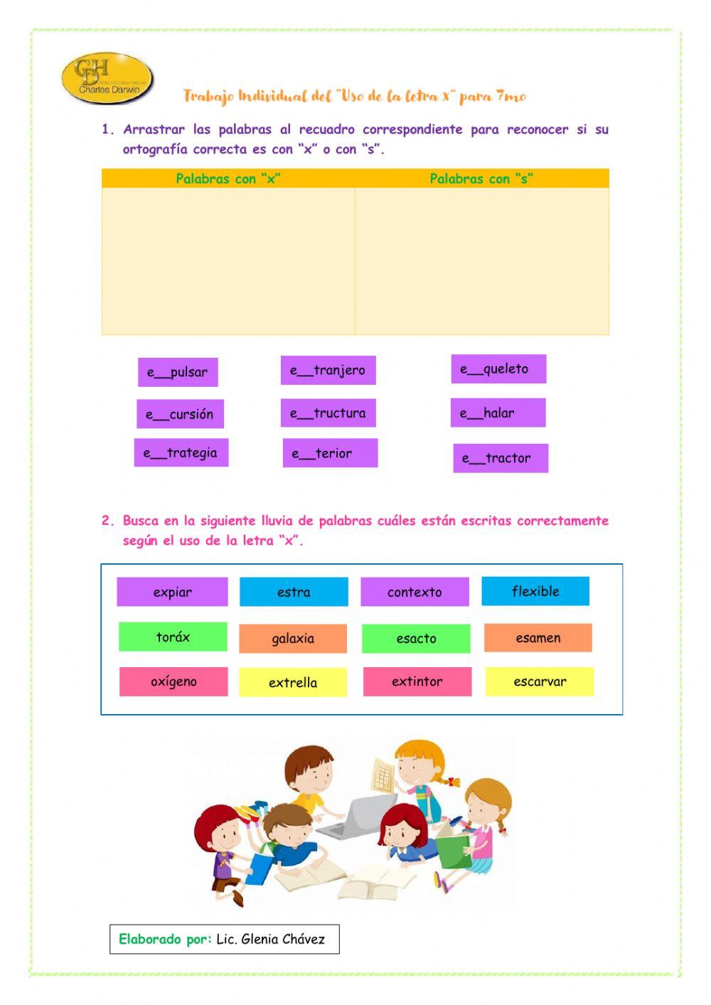 Trabajo Individual del “Uso de la letra x” para 7mo