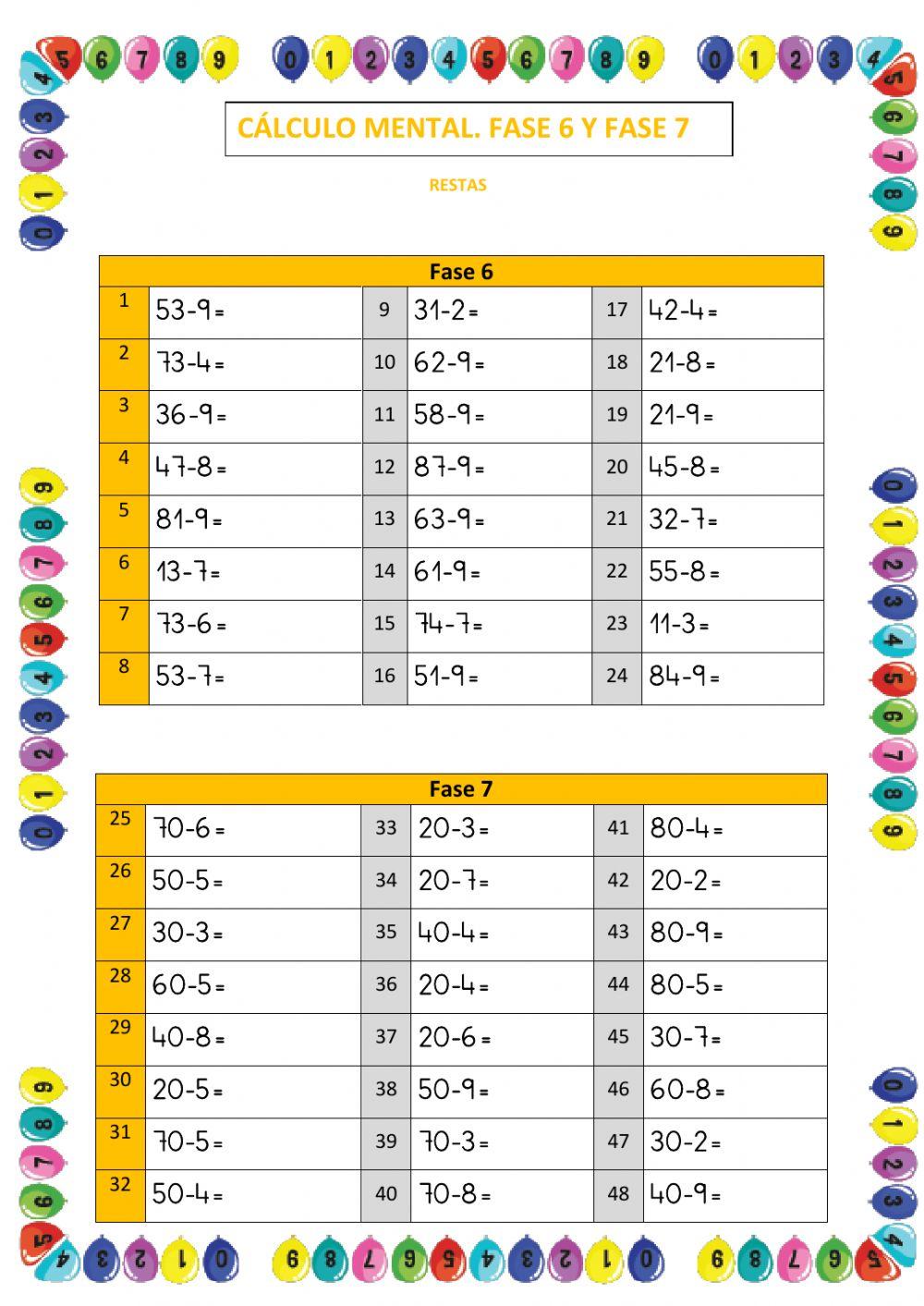 Cálculo mental. restas. fase 6 y 7. abn