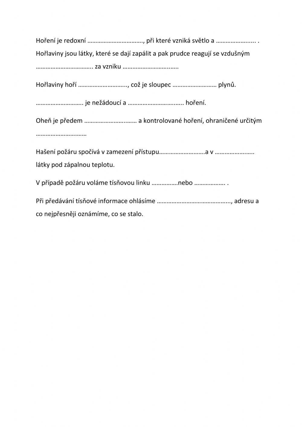 Hoření a hašení doplňování do textu