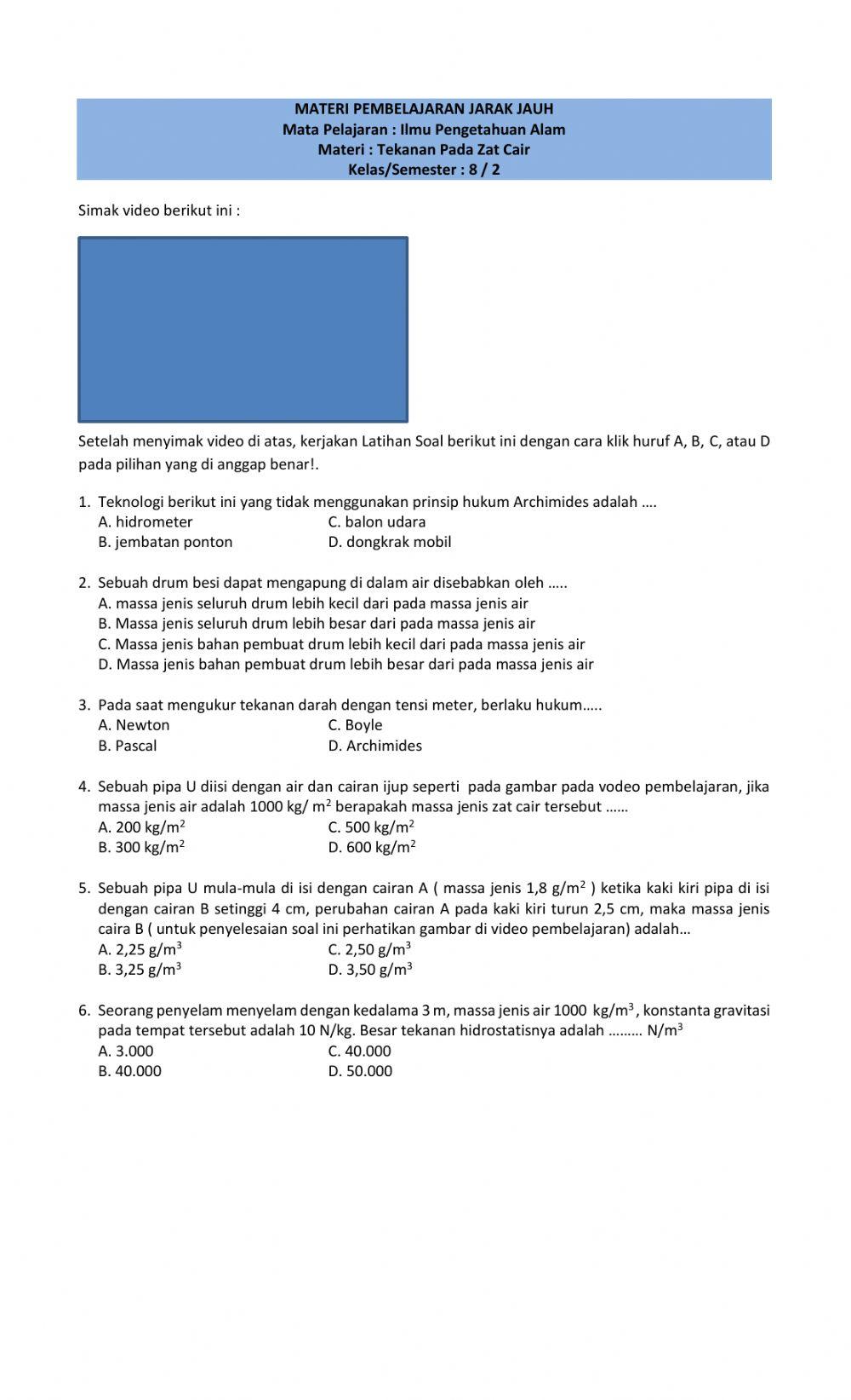 Latihan Soal Tekanan Pada Zat Cair