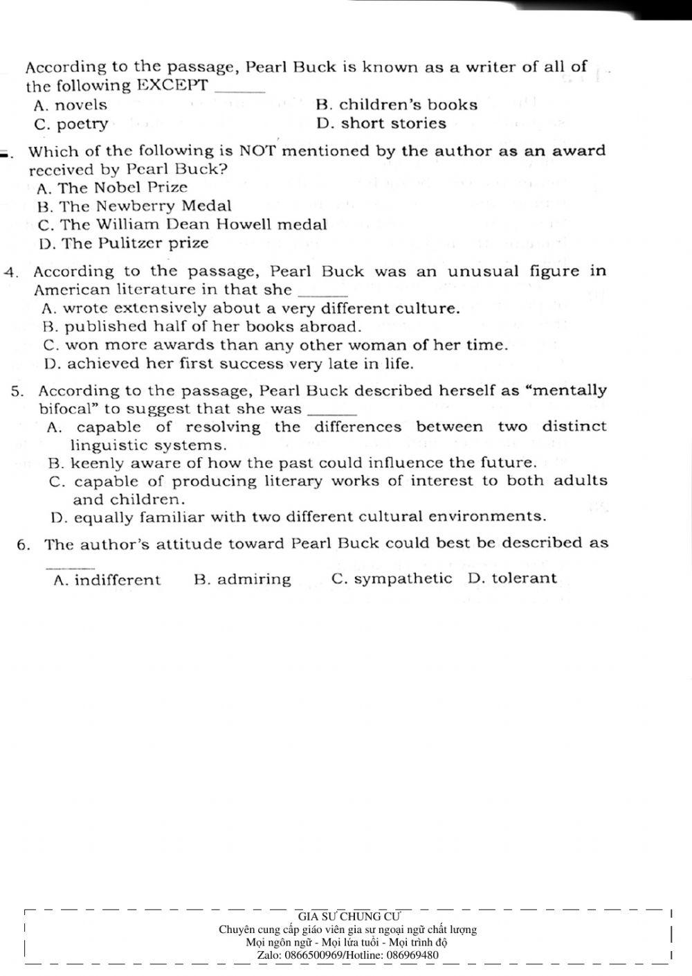 Trắc nghiệm Kỹ năng đọc hiểu Tiếng Anh số 40