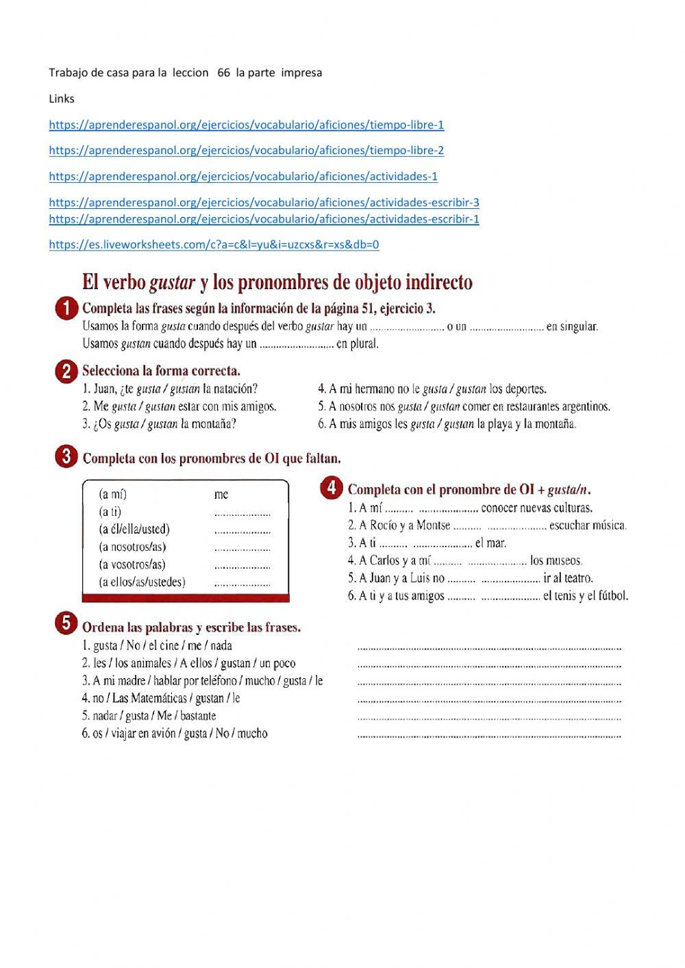 Trabajo de casa para la leccion 66-1 Ocio