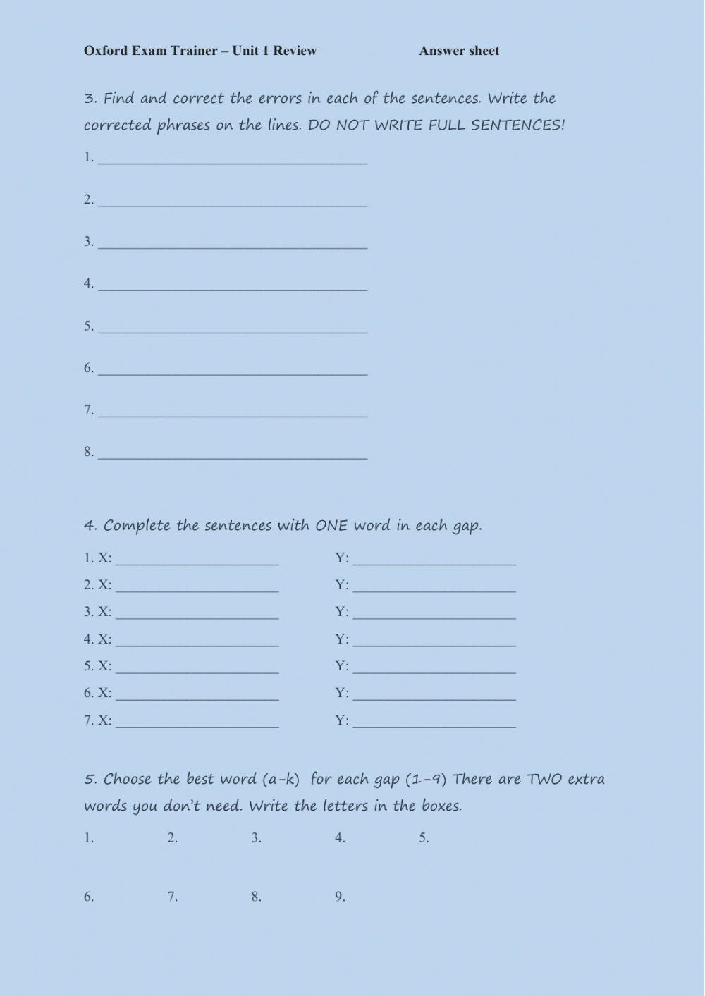 Oxford Exam Trainer - B1 - Review - answer sheet