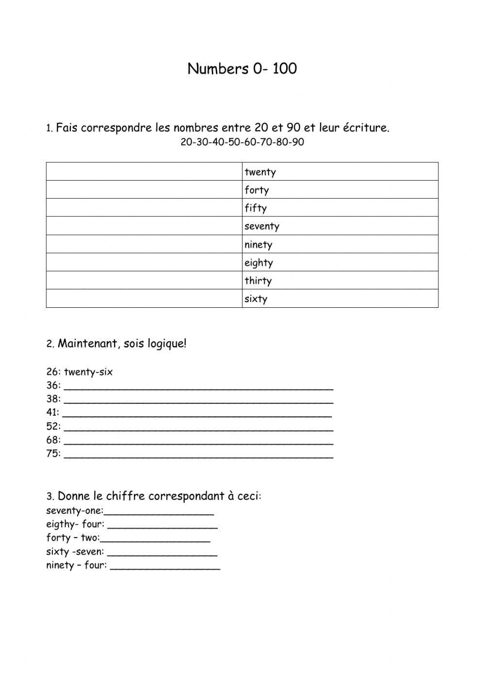 Numbers from 20 to 100