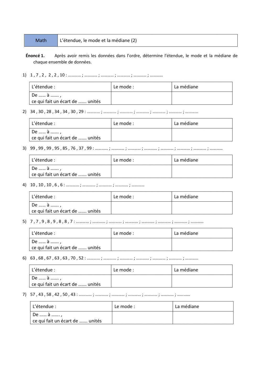 Étendue, mode et médiane (2)