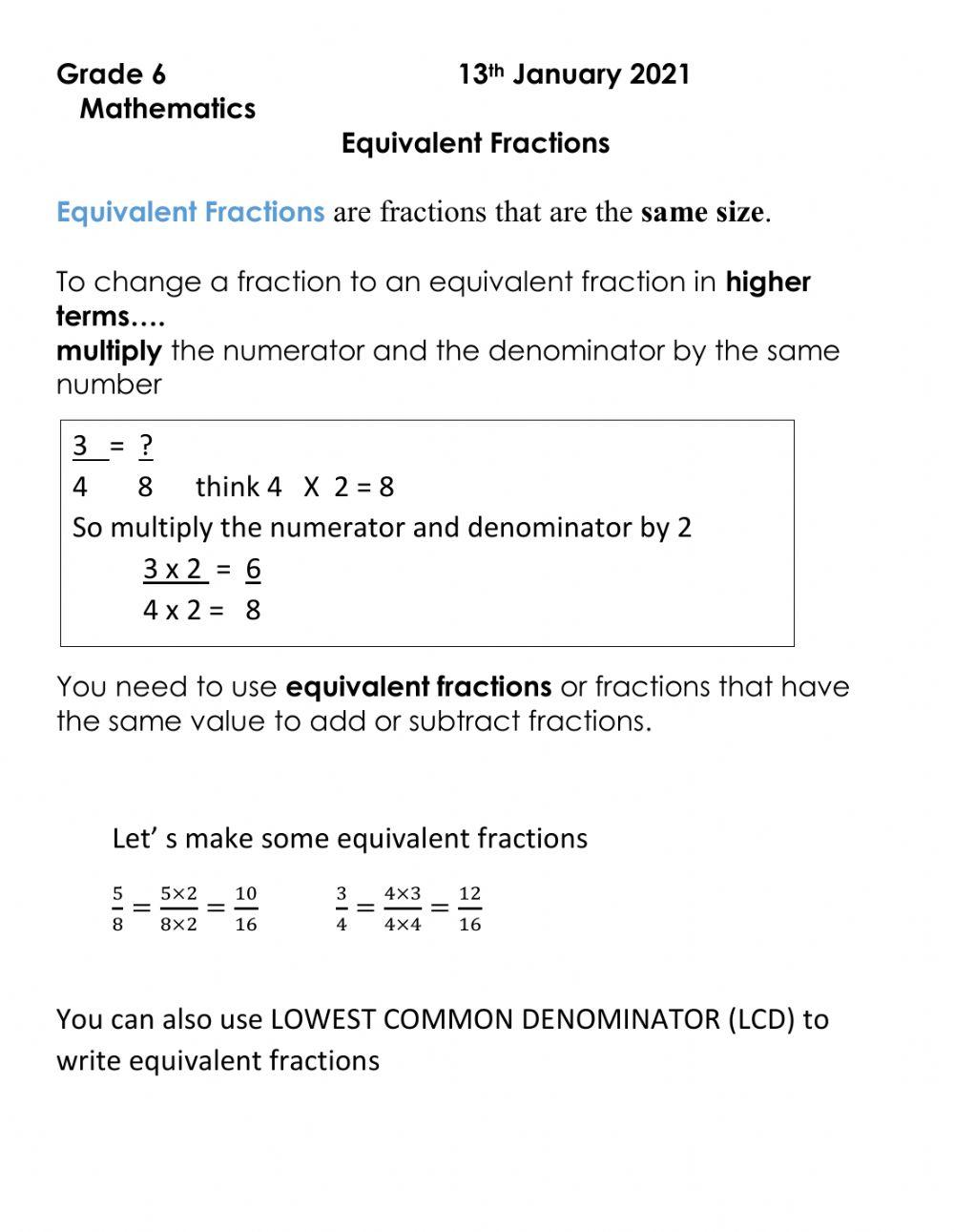 Equivalent Fractions
