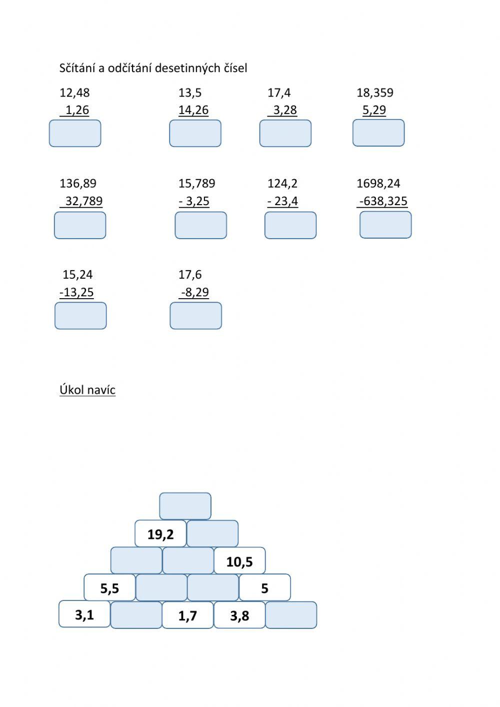 Sčítání a odčítání desetinných čísel