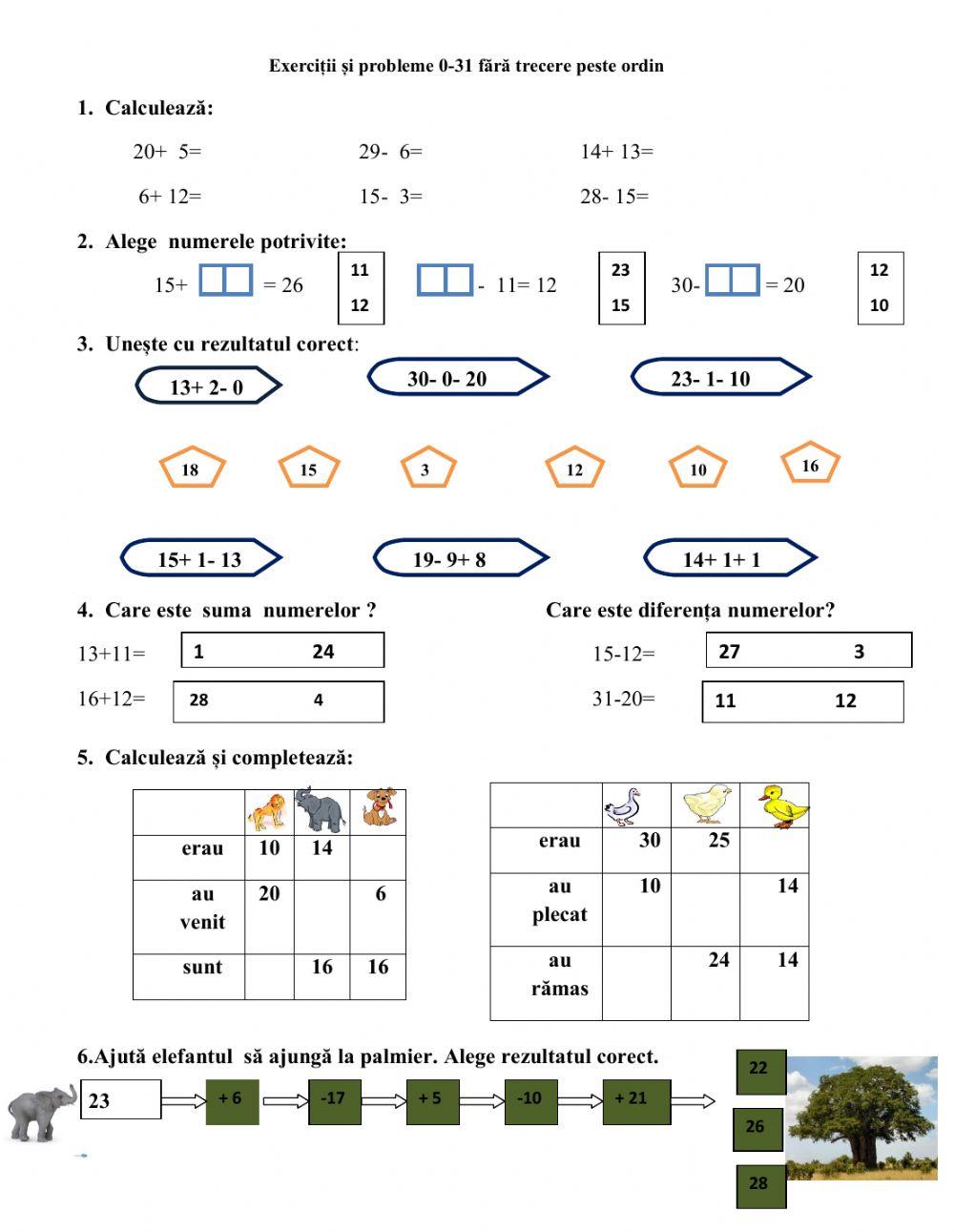 Adunări și scăderi 0-30 fără trecere peste ordin