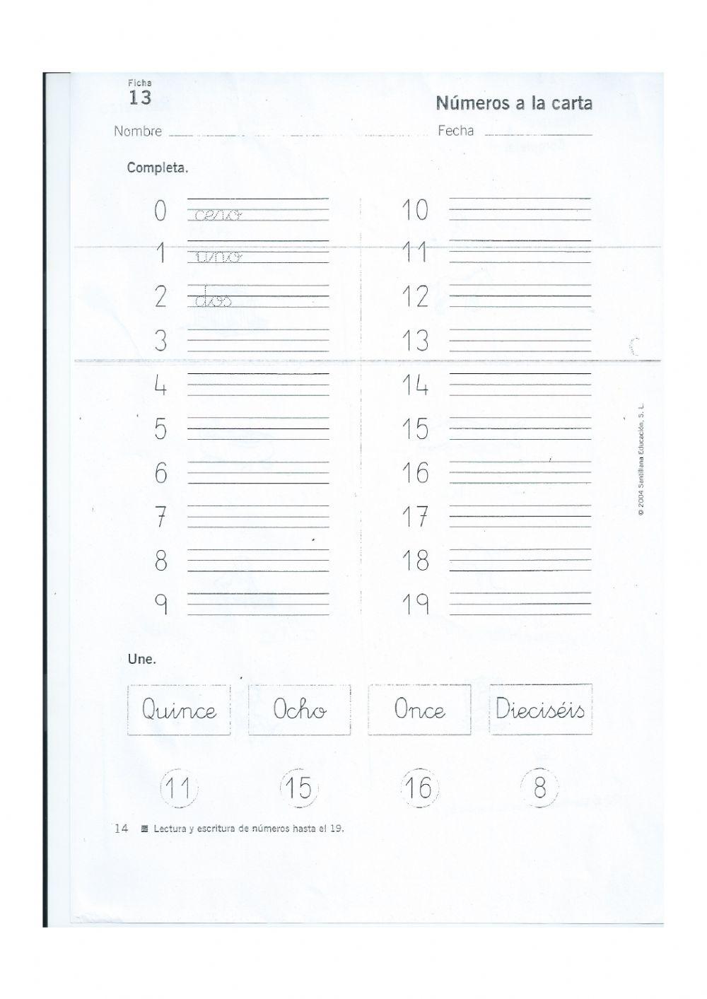 Escritura de números hasta el 19