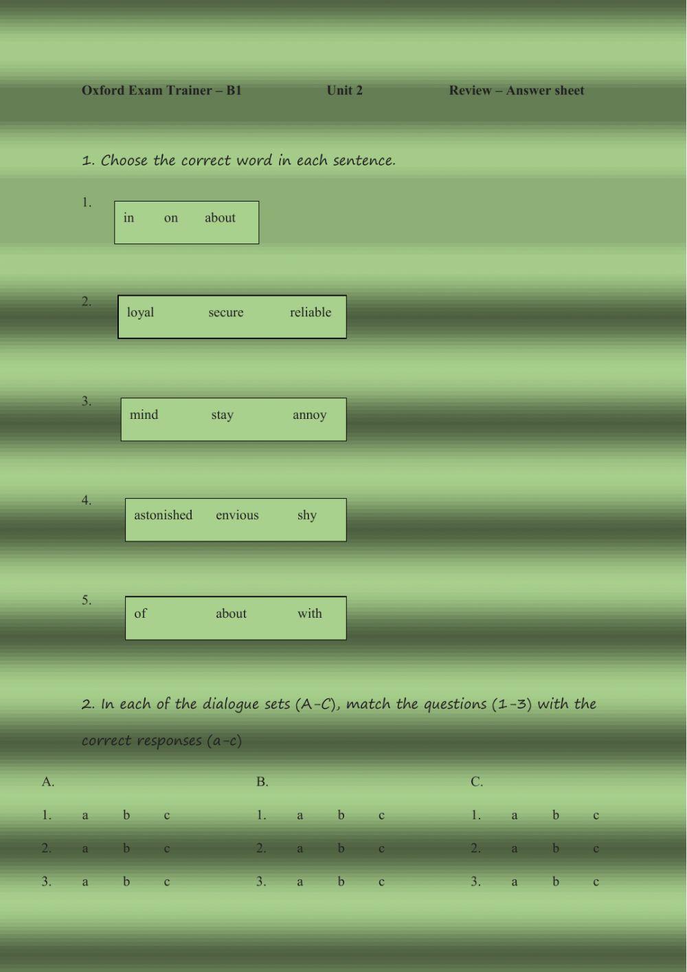 Oxford Exam Trainer - B1 - Review - answer sheet - unit 2