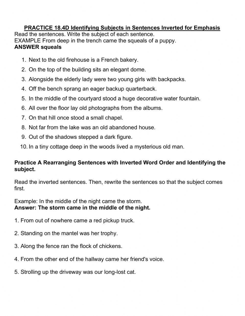 Natural And Inverted Form Of Sentences Worksheet