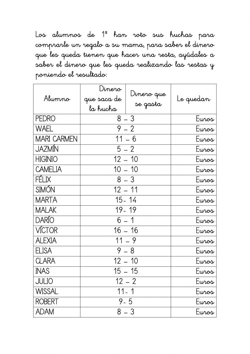 Calculo mental -restas