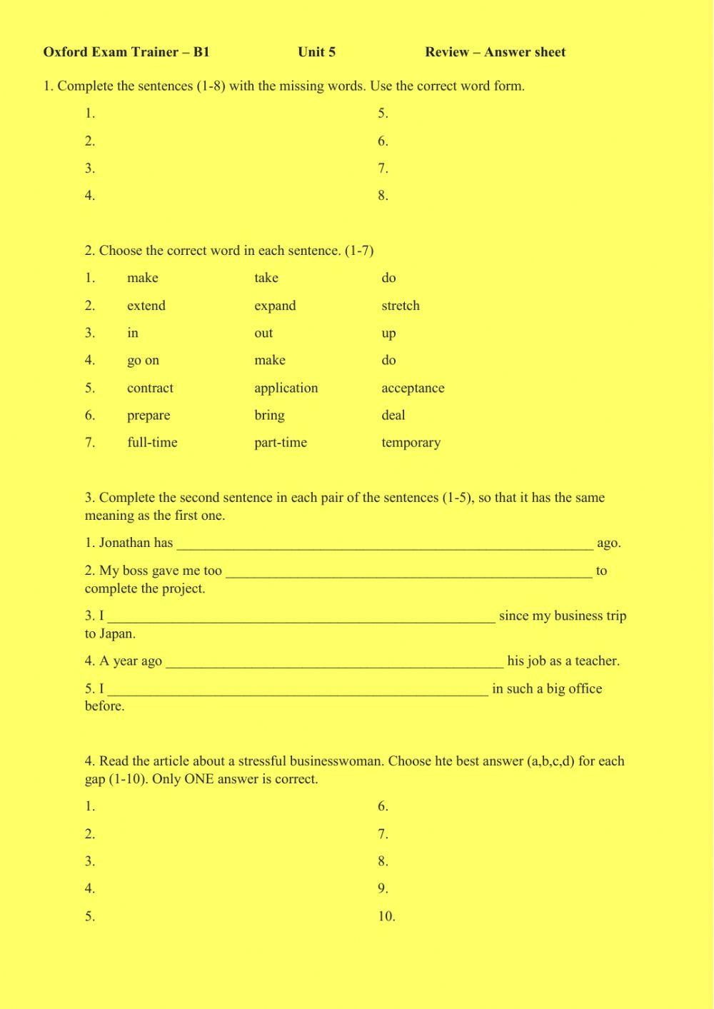 Oxford Exam Trainer - B1 - Review - answer sheet - unit 5