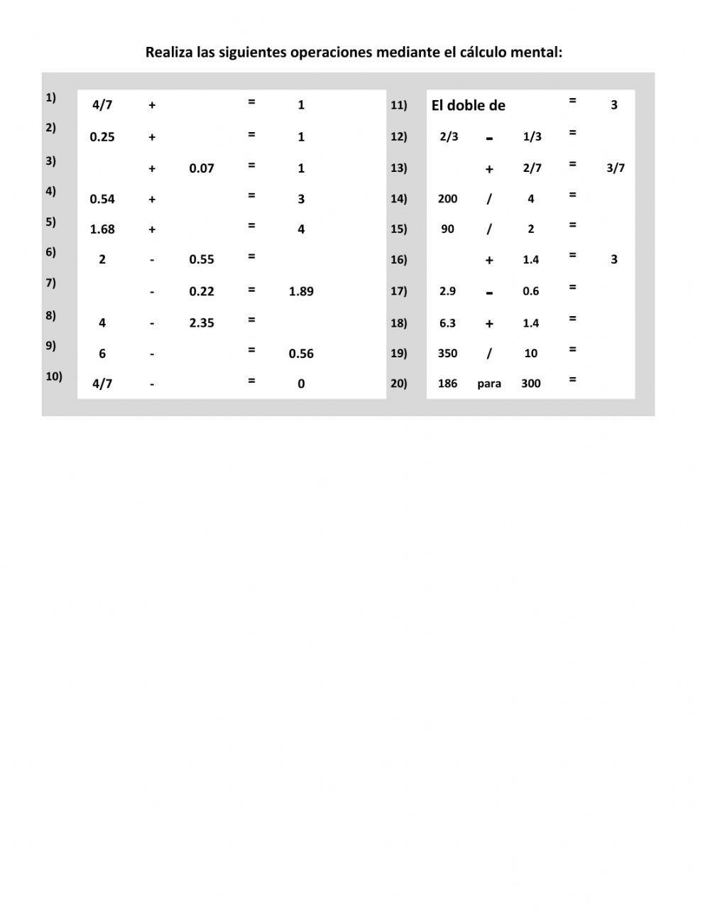 Cálculo mental 1.1 (sumas, restas y dobles con decimales, fracciones y números naturales)