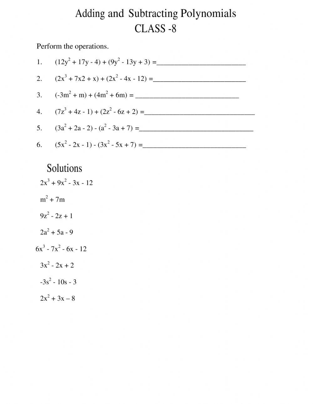 Addition And Subtraction Of Polynomials Pdf