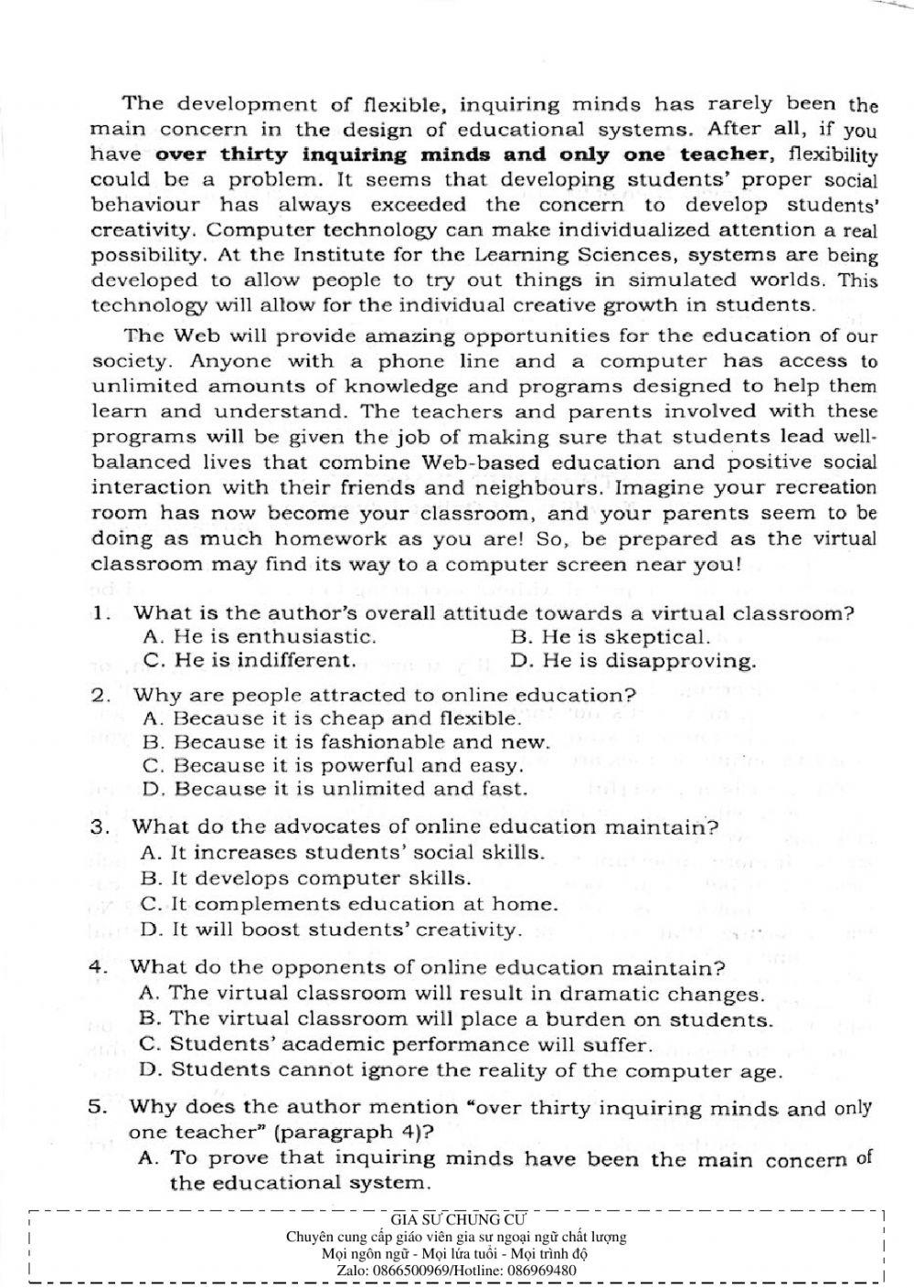 Trắc nghiệm Kỹ năng đọc hiểu Tiếng Anh số 42