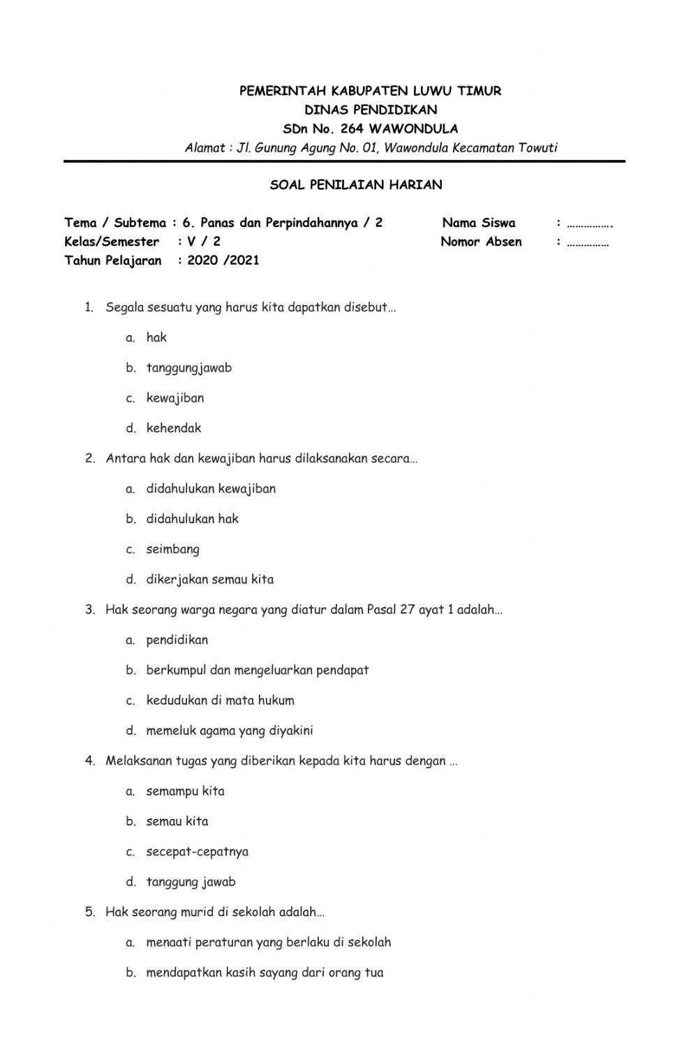 Penilaian Harian Tema 6 St 2