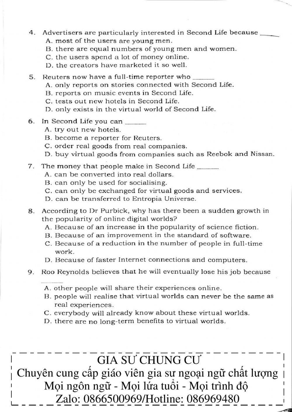 Trắc nghiệm kỹ năng đọc hiểu Tiếng Anh số 44