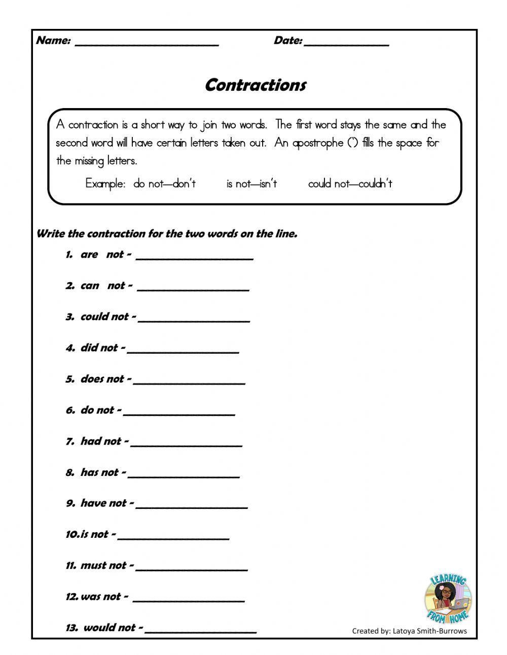 Contractions with not worksheet | Live Worksheets Contractions with not worksheet | Live Worksheets