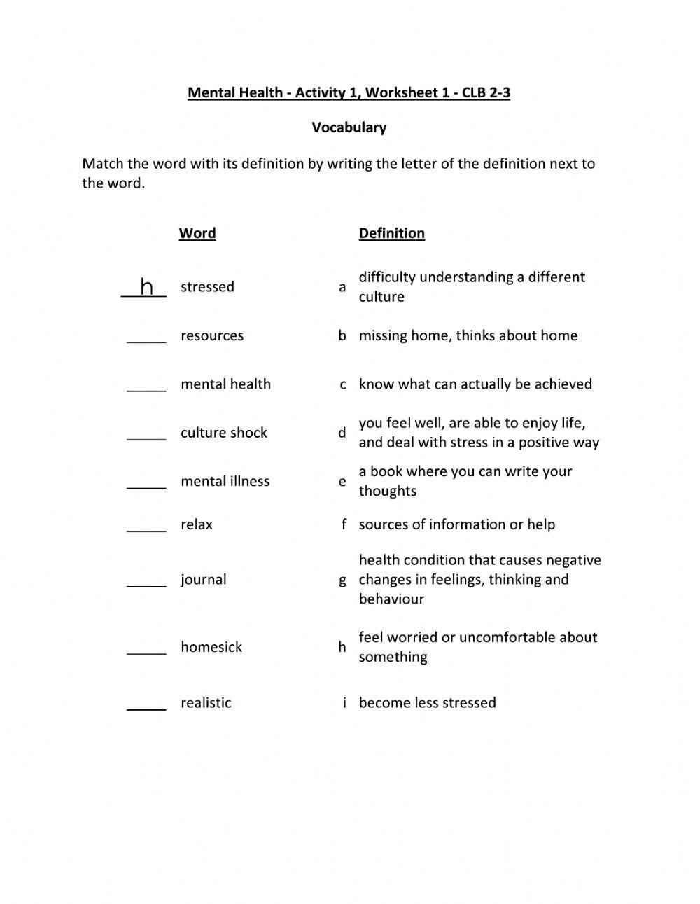 Mental Health Activity 1 Worksheet 1