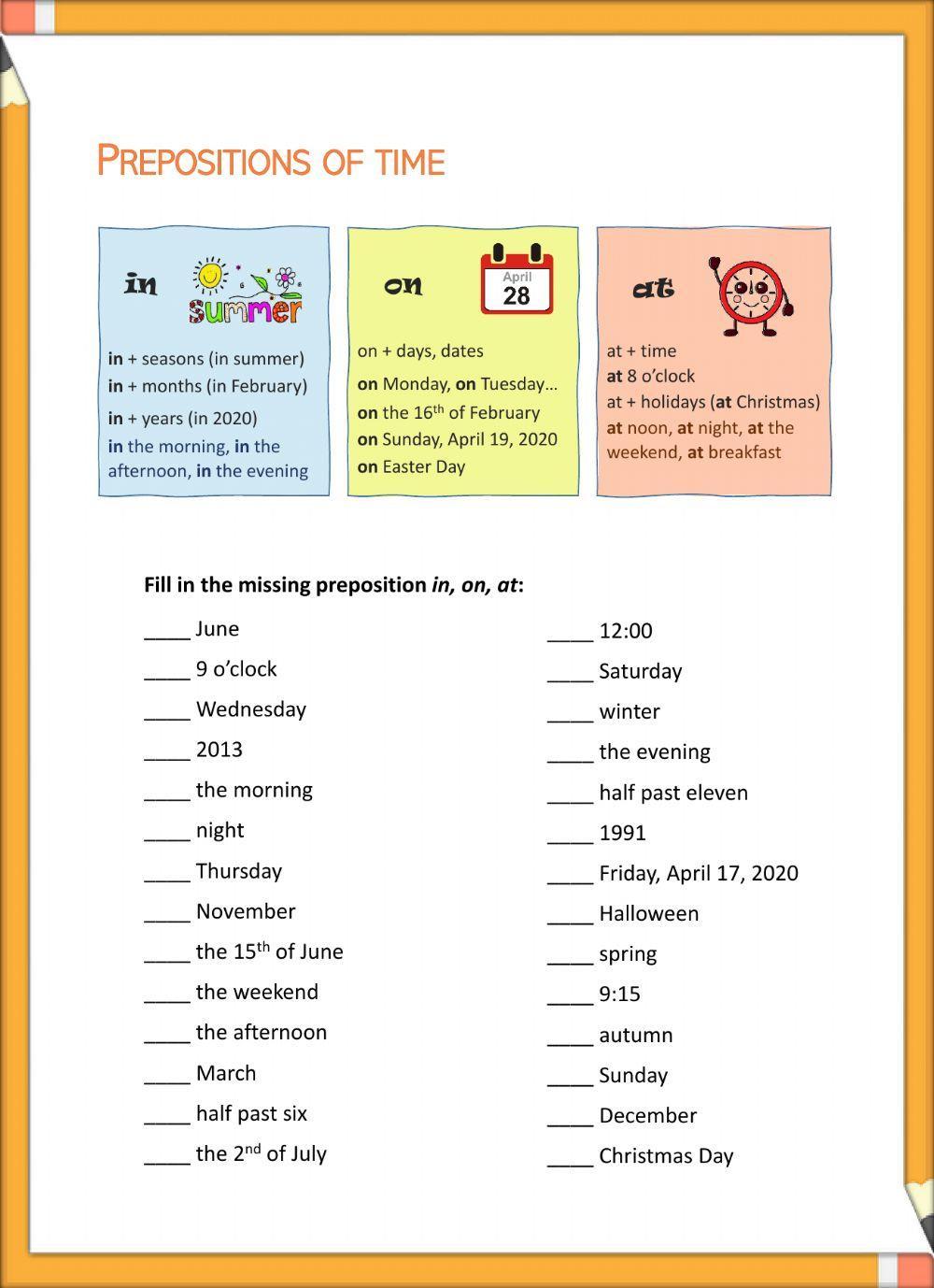 Prepositions in, on, at