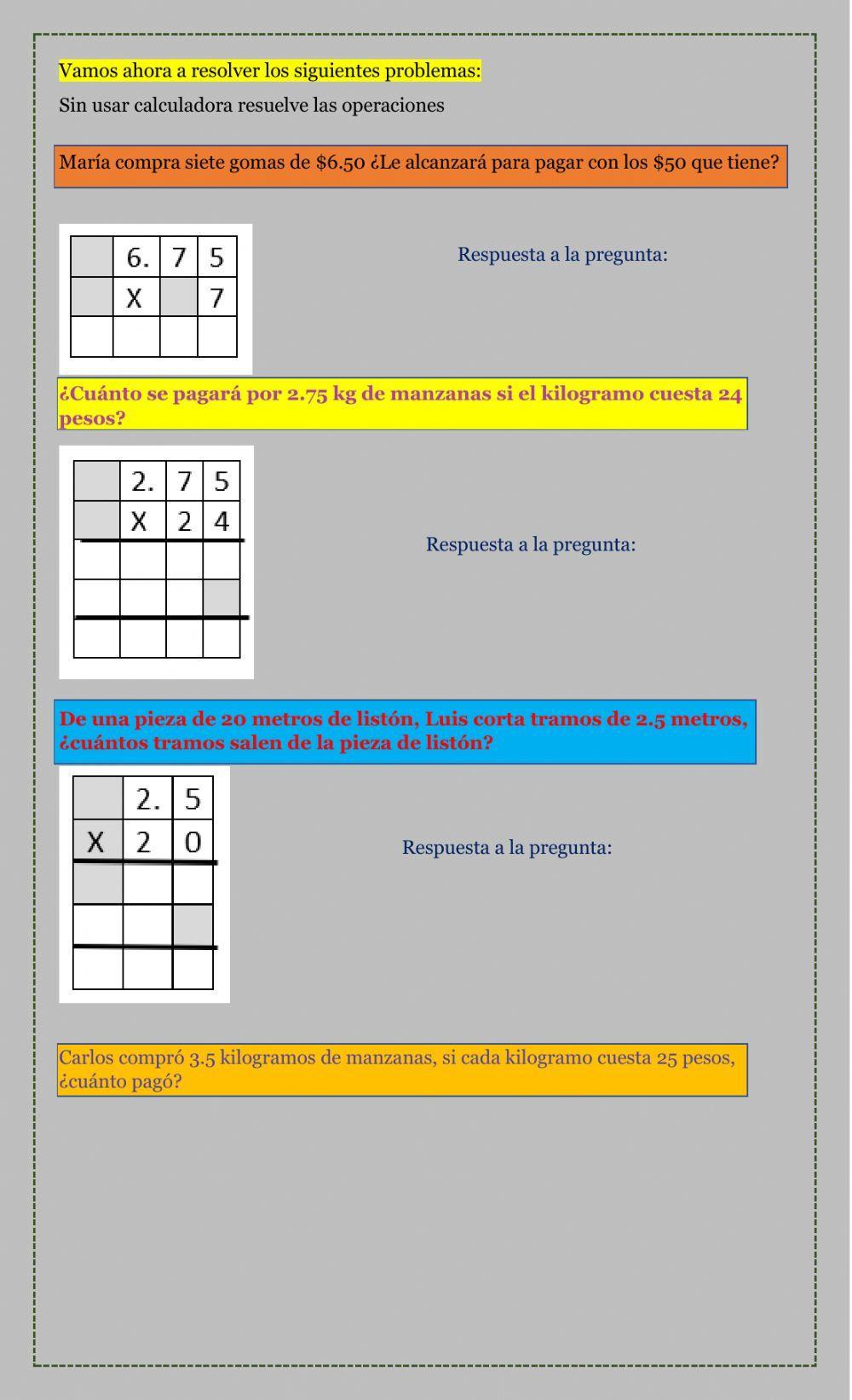 Multiplicación de un número decimal por uno natural