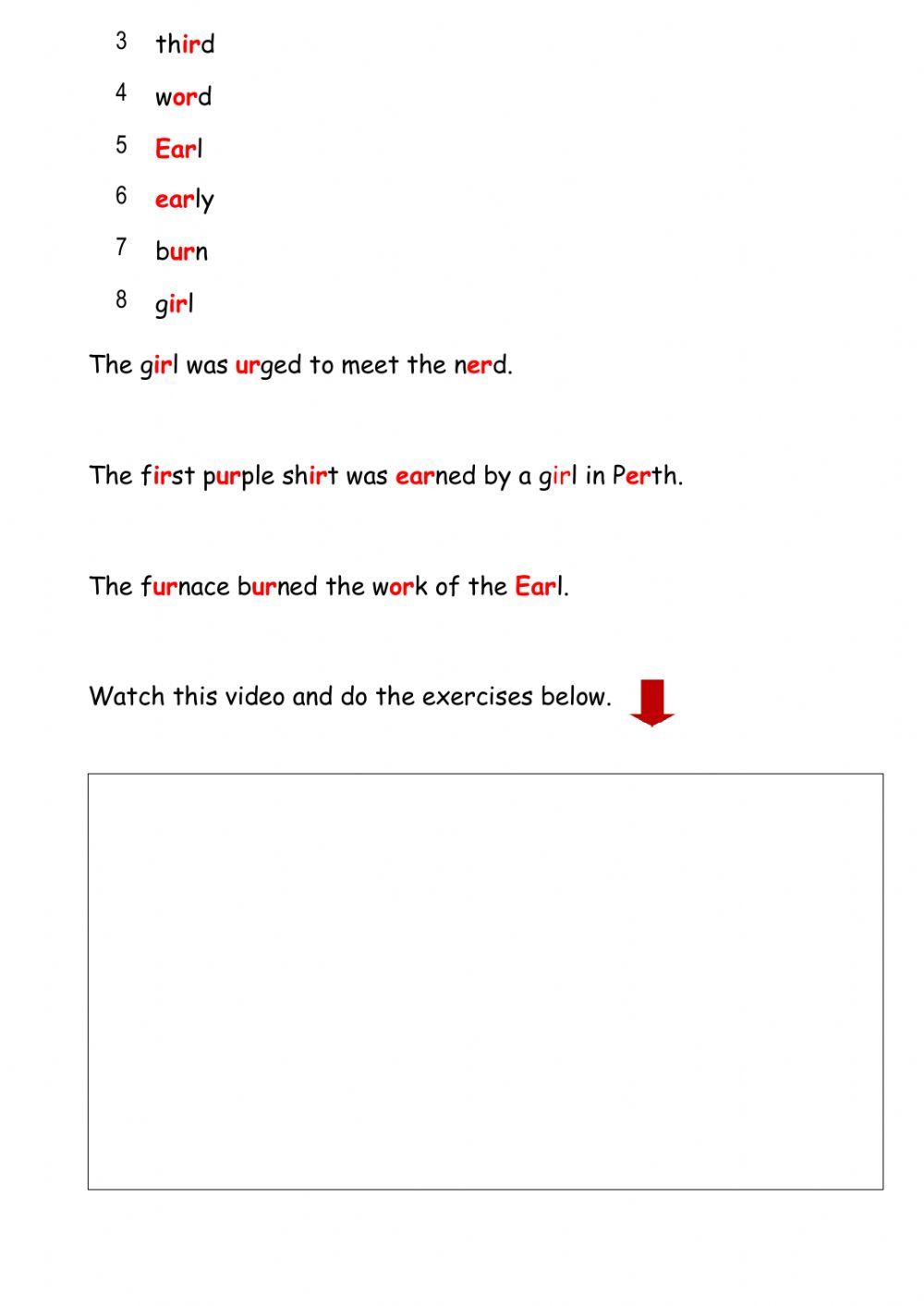 Long vowel sound ur or ir ear