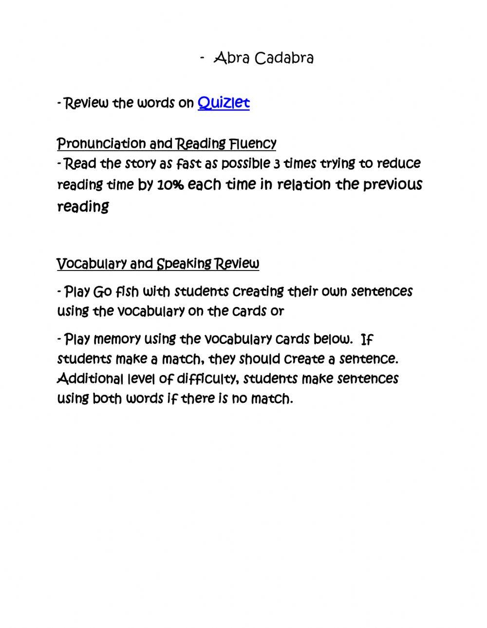 Abra Cadabra, Worksheet