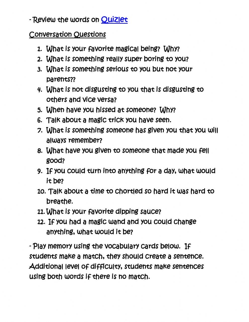 Abra Cadabra, Worksheet