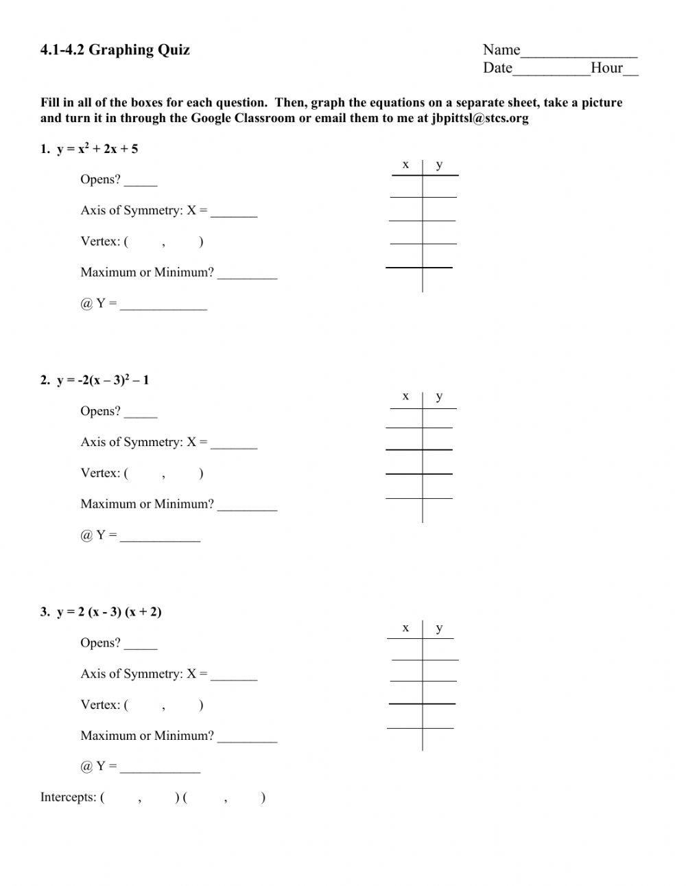 Graphing Quadratic Functions Quiz - Basics | Justin