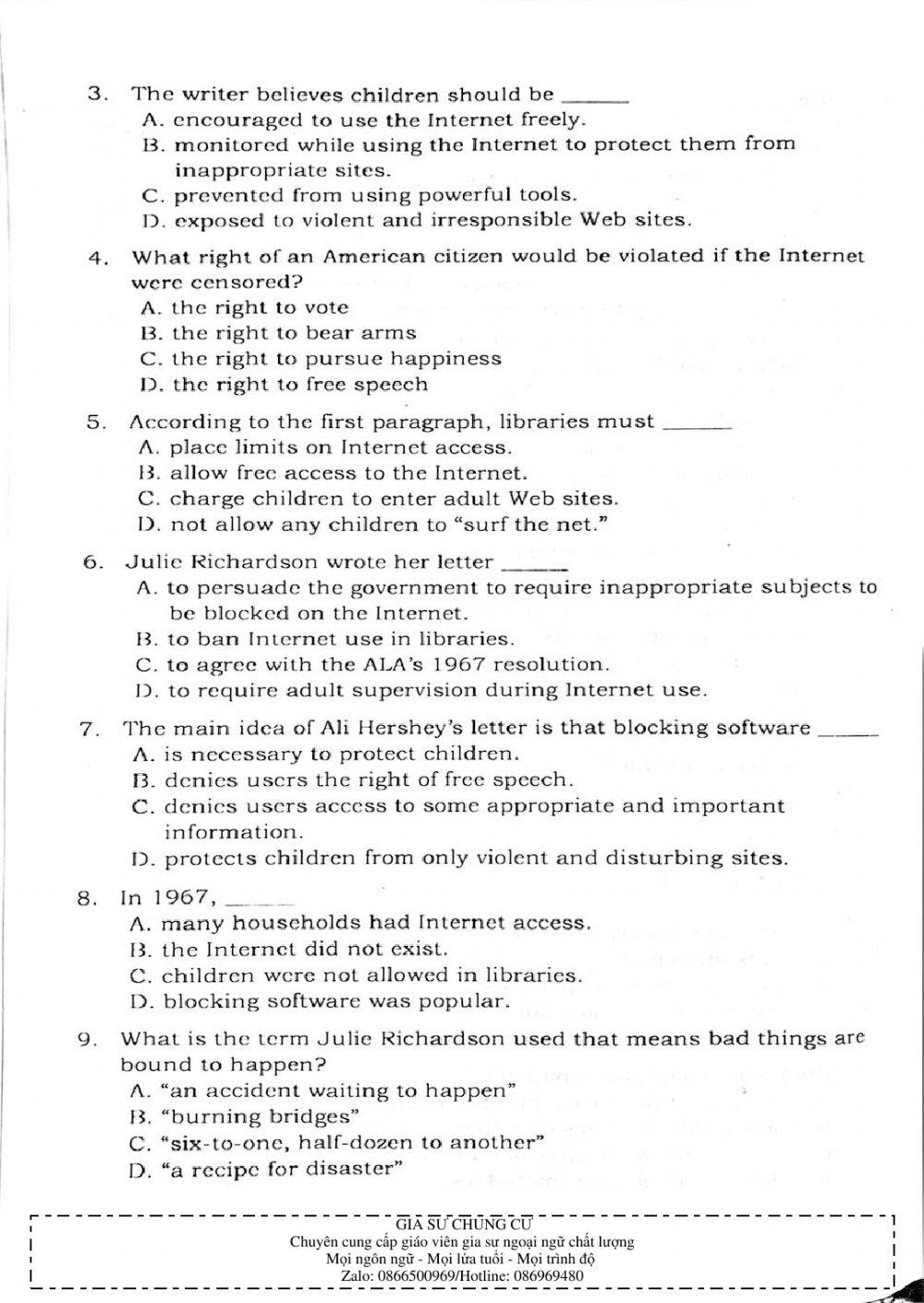 Trắc nghiệm Kỹ năng đọc hiểu Tiếng Anh số 46