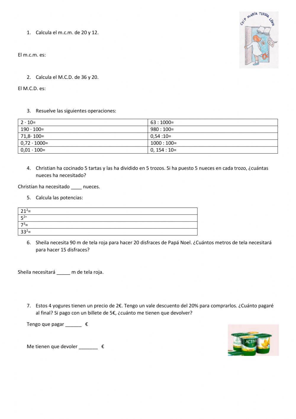 Porcentajes, m.c.m., M.C.D. y potencias