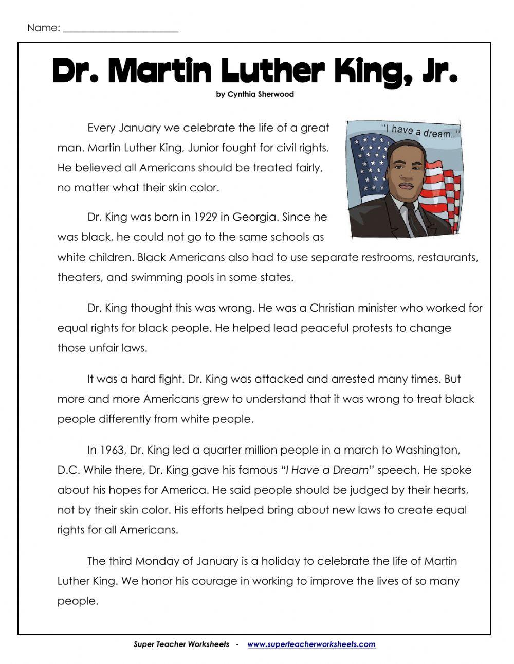Reading-Comprehension Dr. Martin Luther King Jr. online exercise for ...
