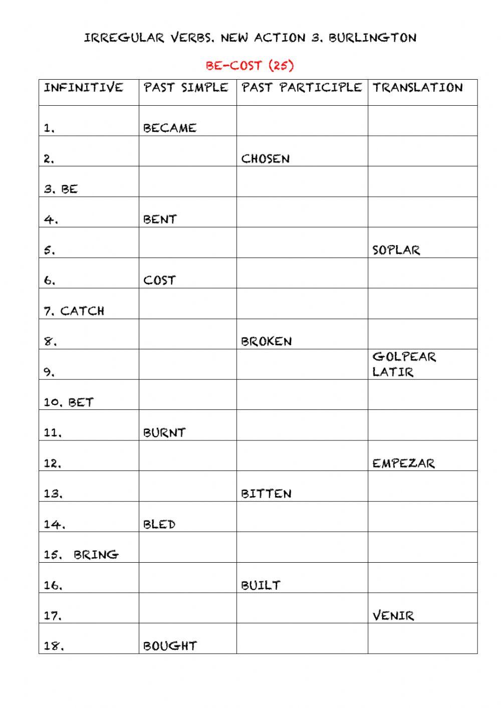 IRREGULAR VERBS NEW ACTION 3 BE-COST