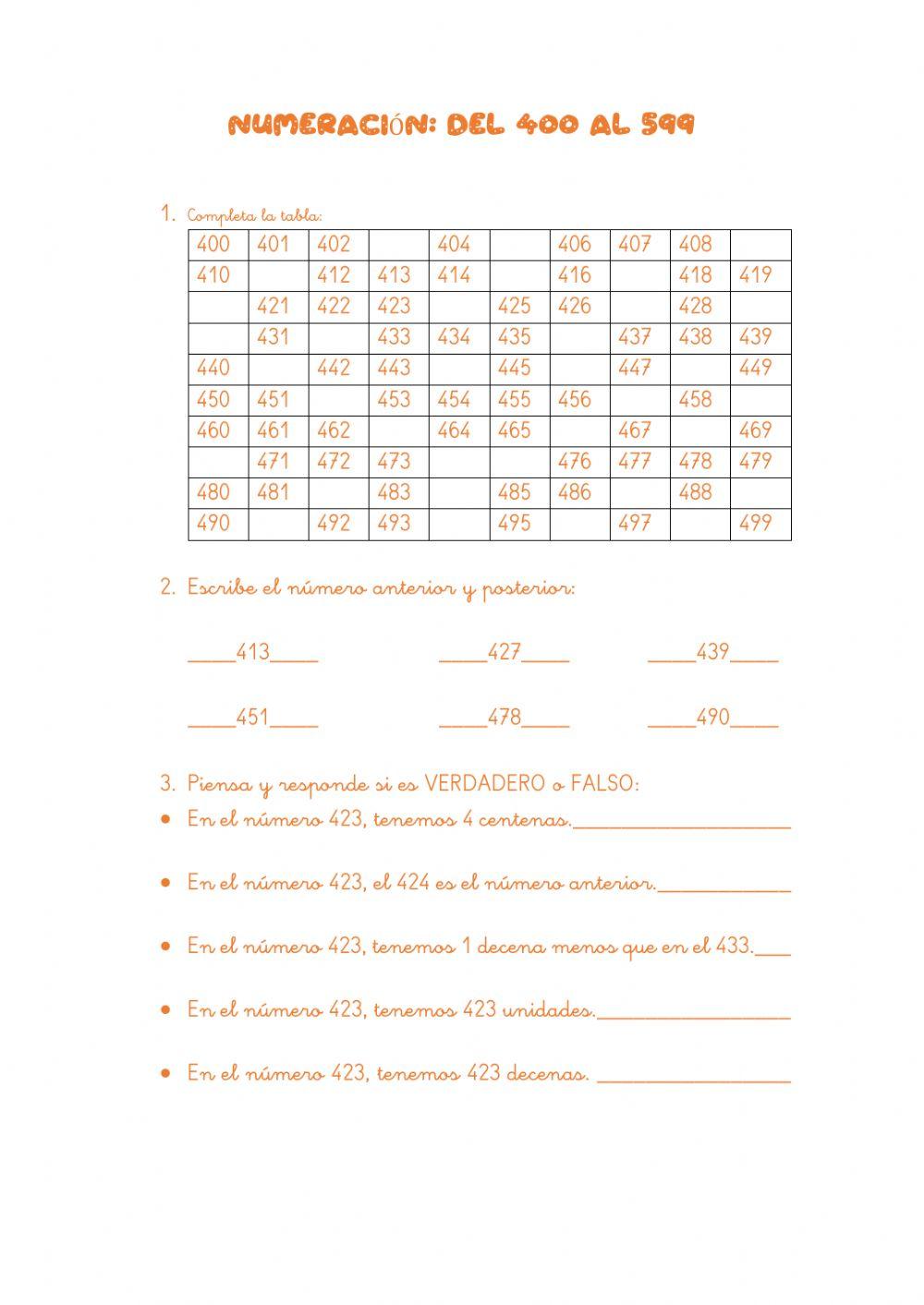 NUMERACIÓN: DEL 400 AL 599