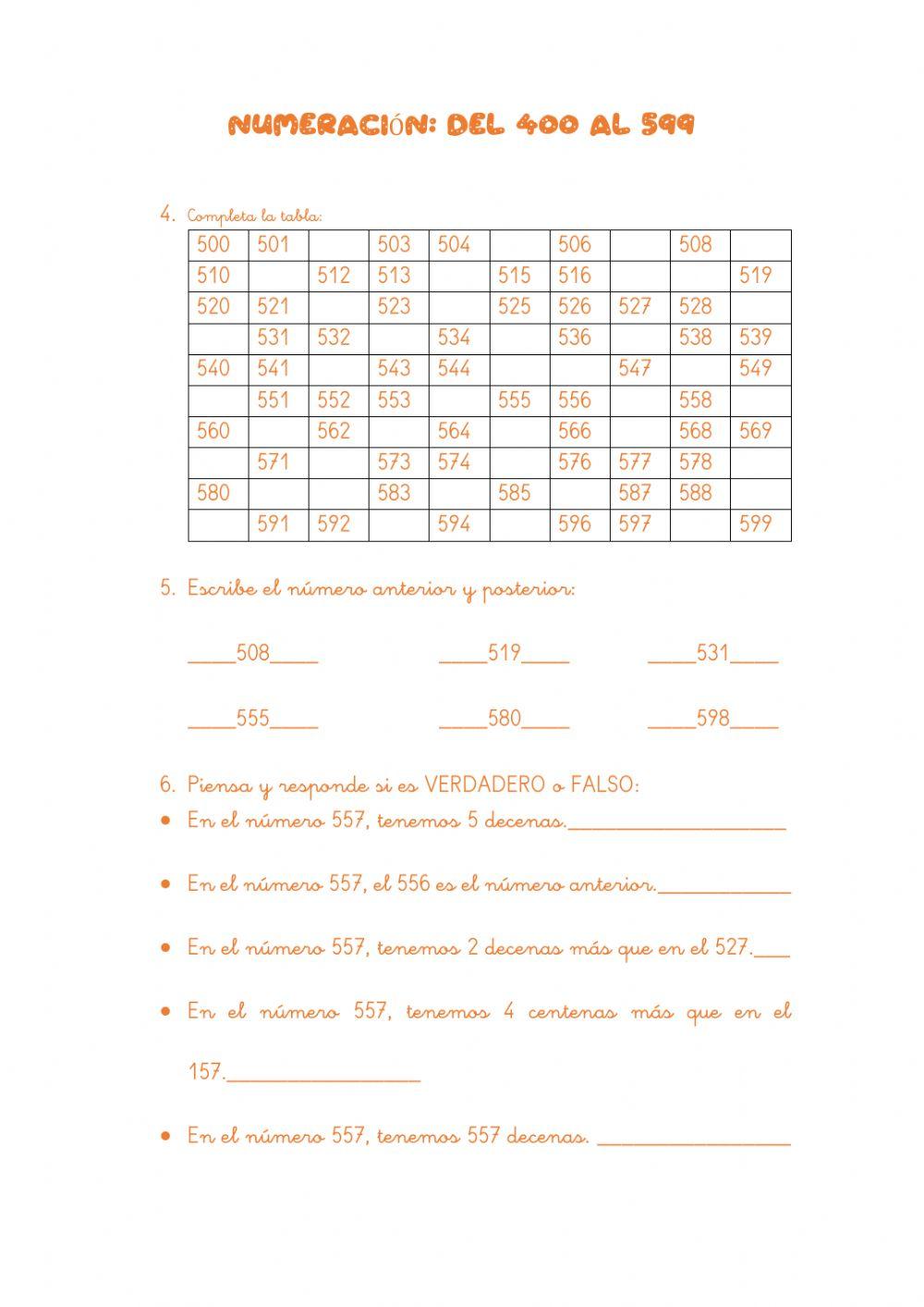 NUMERACIÓN: DEL 400 AL 599