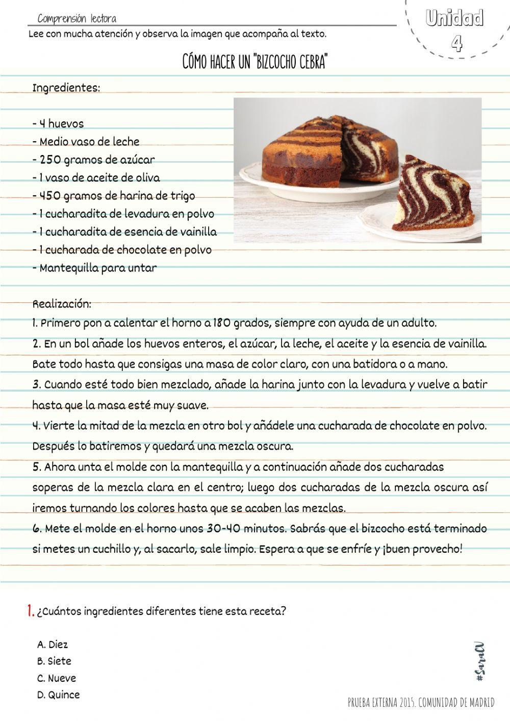 Comprensión lectora -Bizcocho de cebra-