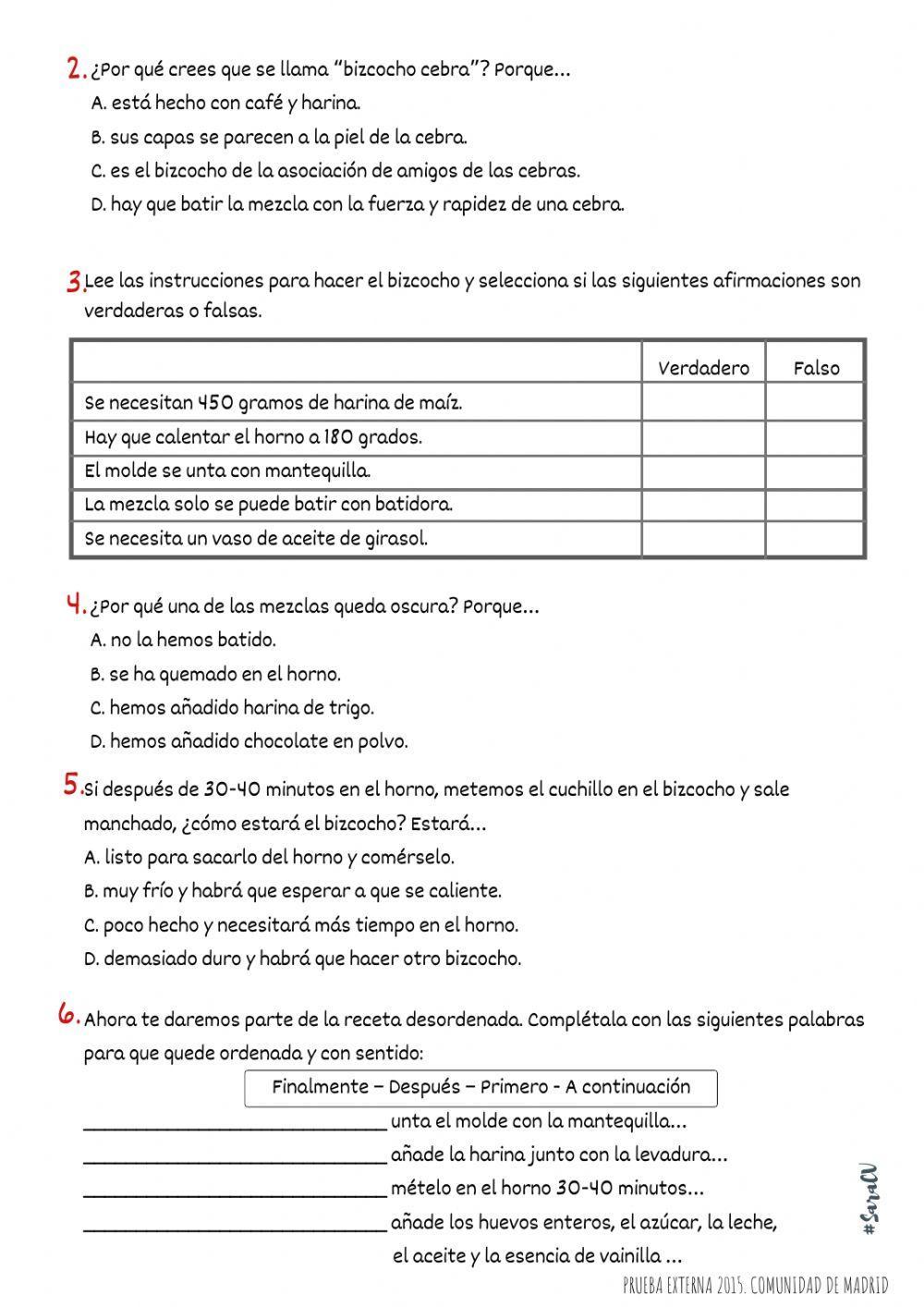 Comprensión lectora -Bizcocho de cebra-