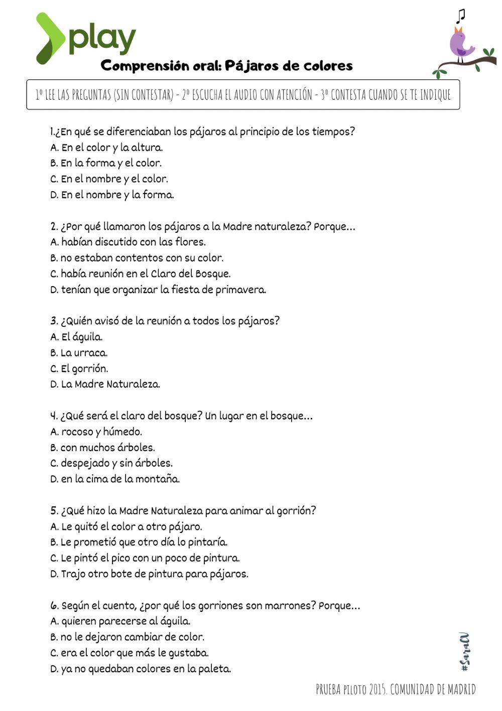 Comprensión oral -Pájaros de colores-