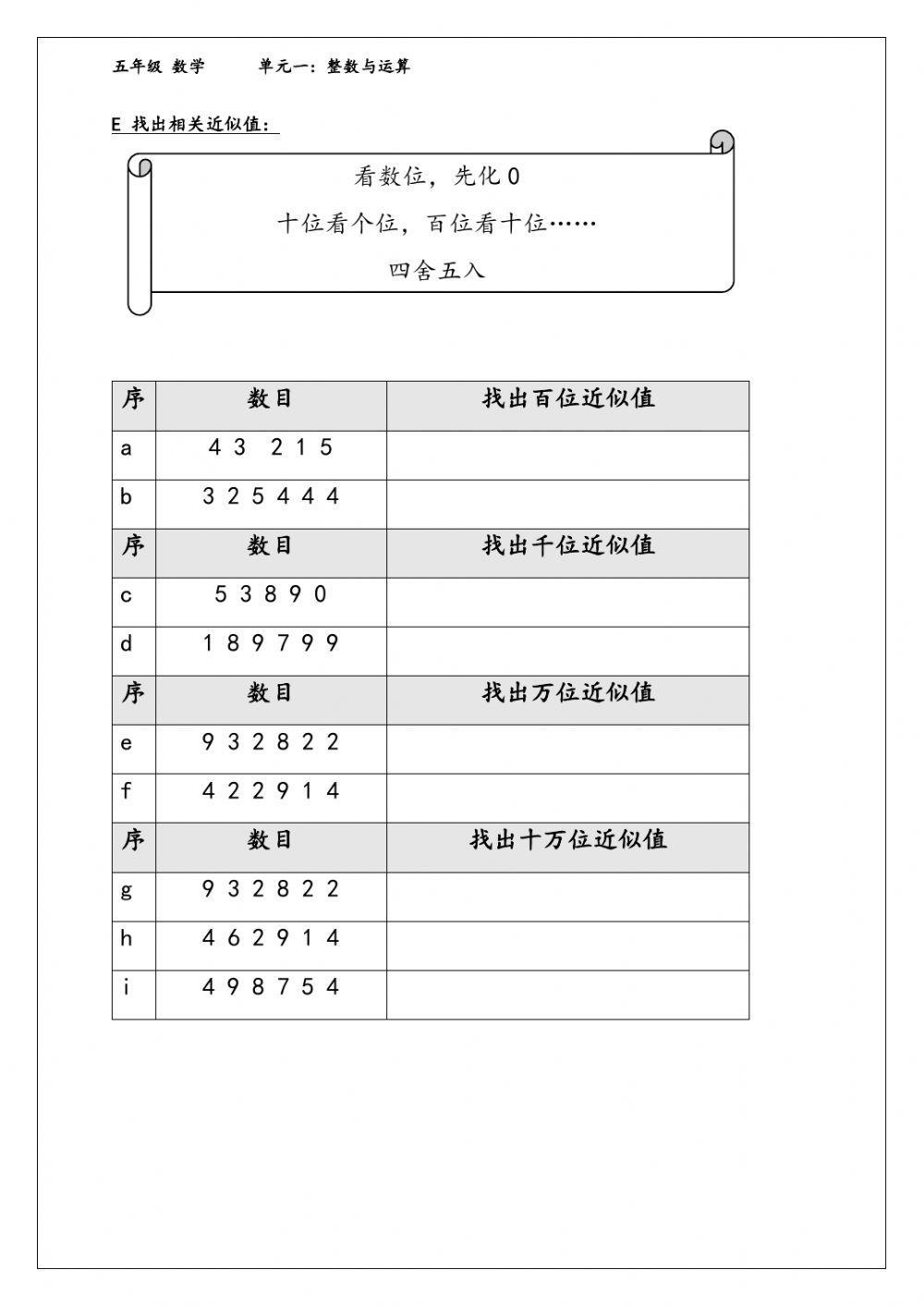 五年级 数学 单元一：整数与运算