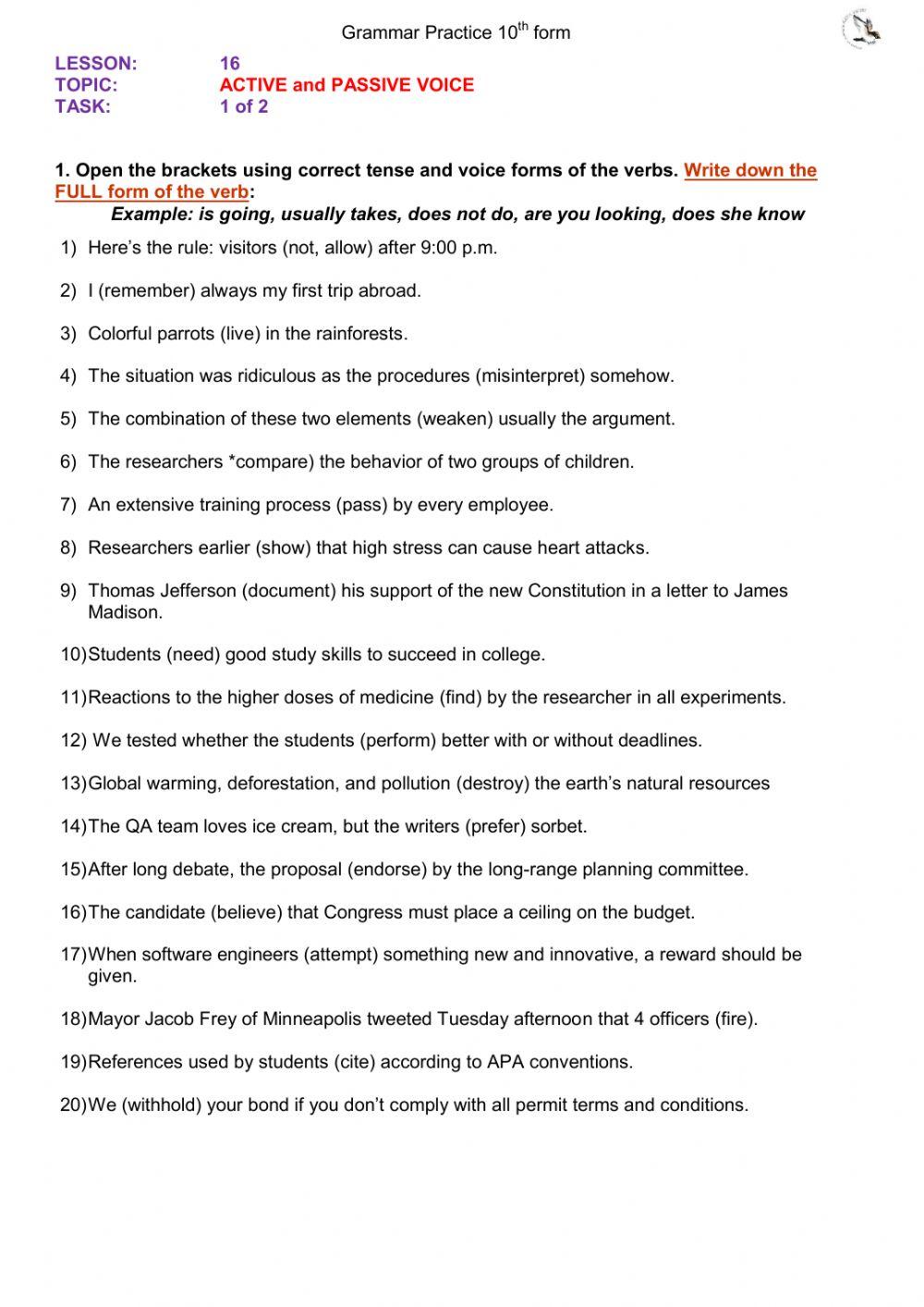 Active vrs Passive (10th form) ex1