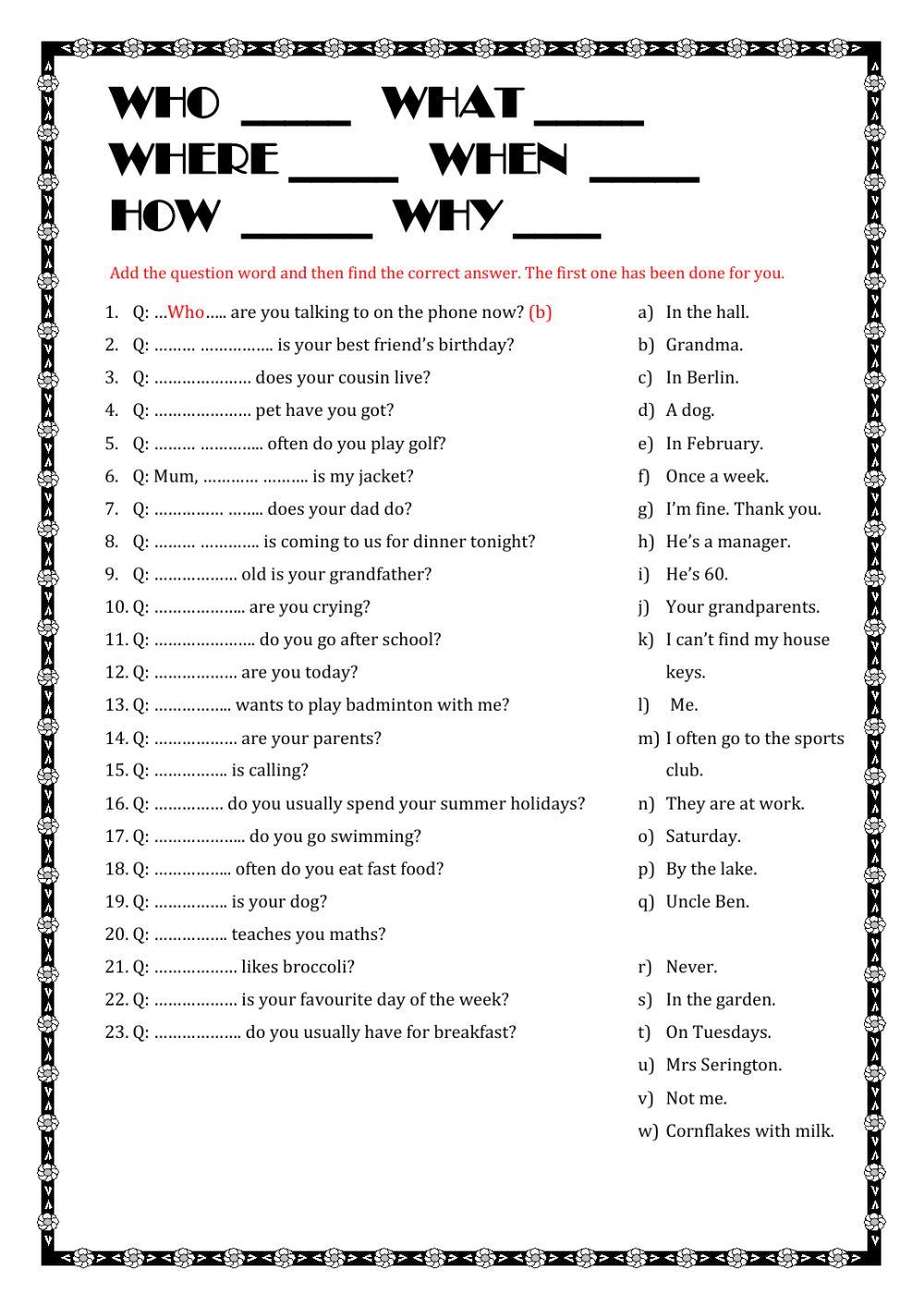 Who what where when how online exercise for live worksheets