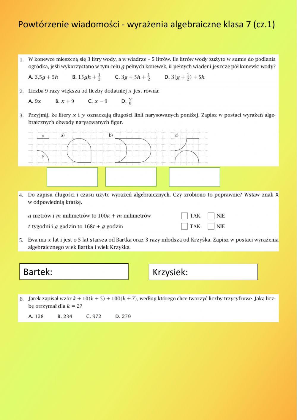 Utrwalenie wiadomości - wyrażenia alg. kl. 7