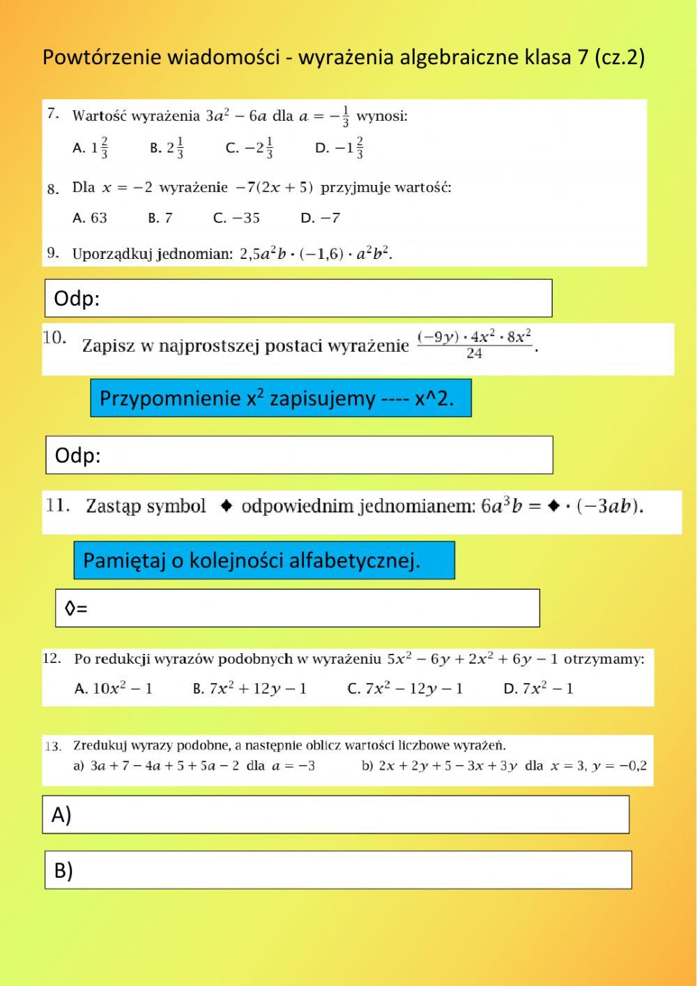 Wyrażenia algebraiczne klasa 7 cz.2