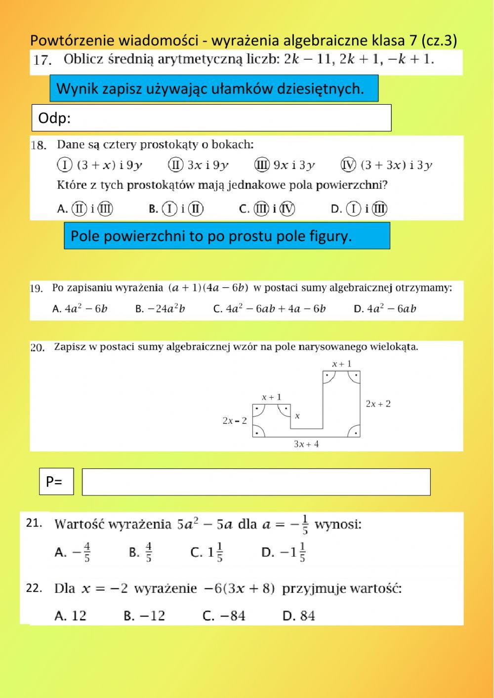 Wyrażenia algebraiczne klasa 7 cz.3