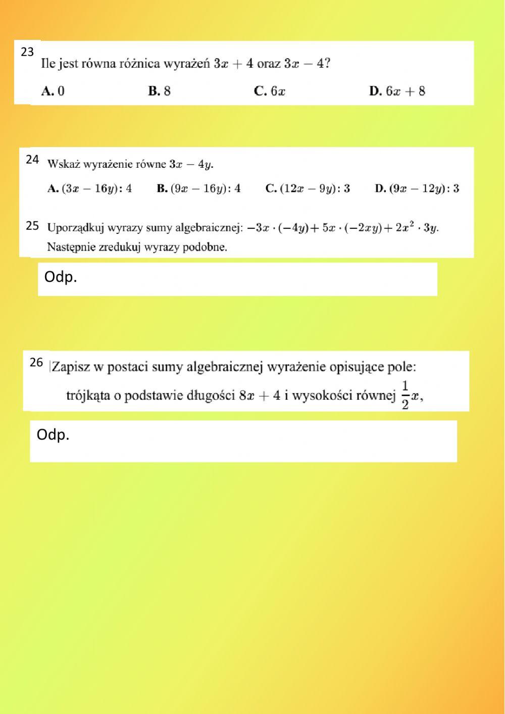 Wyrażenia algebraiczne klasa 7 cz.3