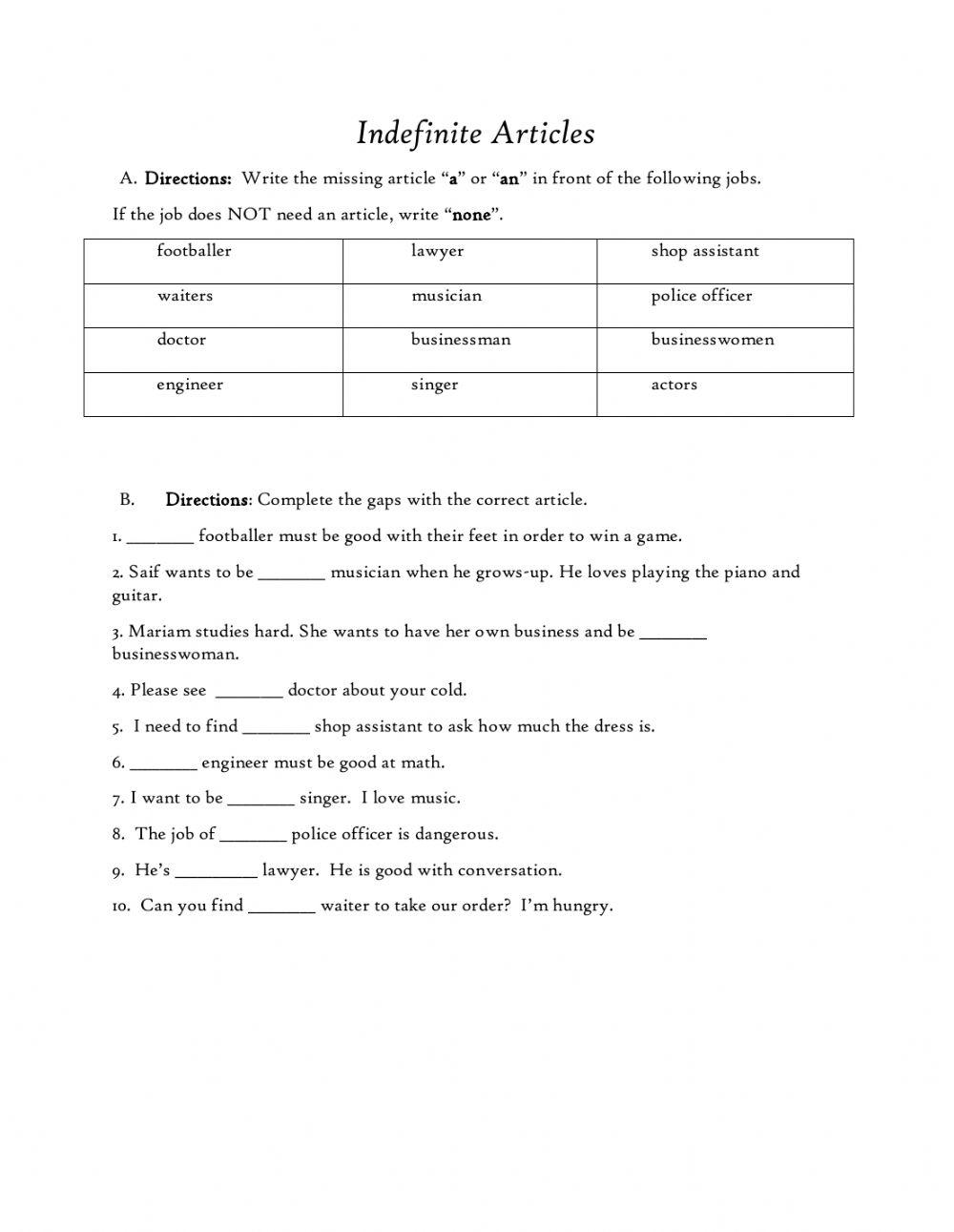 Indefinite Articles with Job Vocabulary