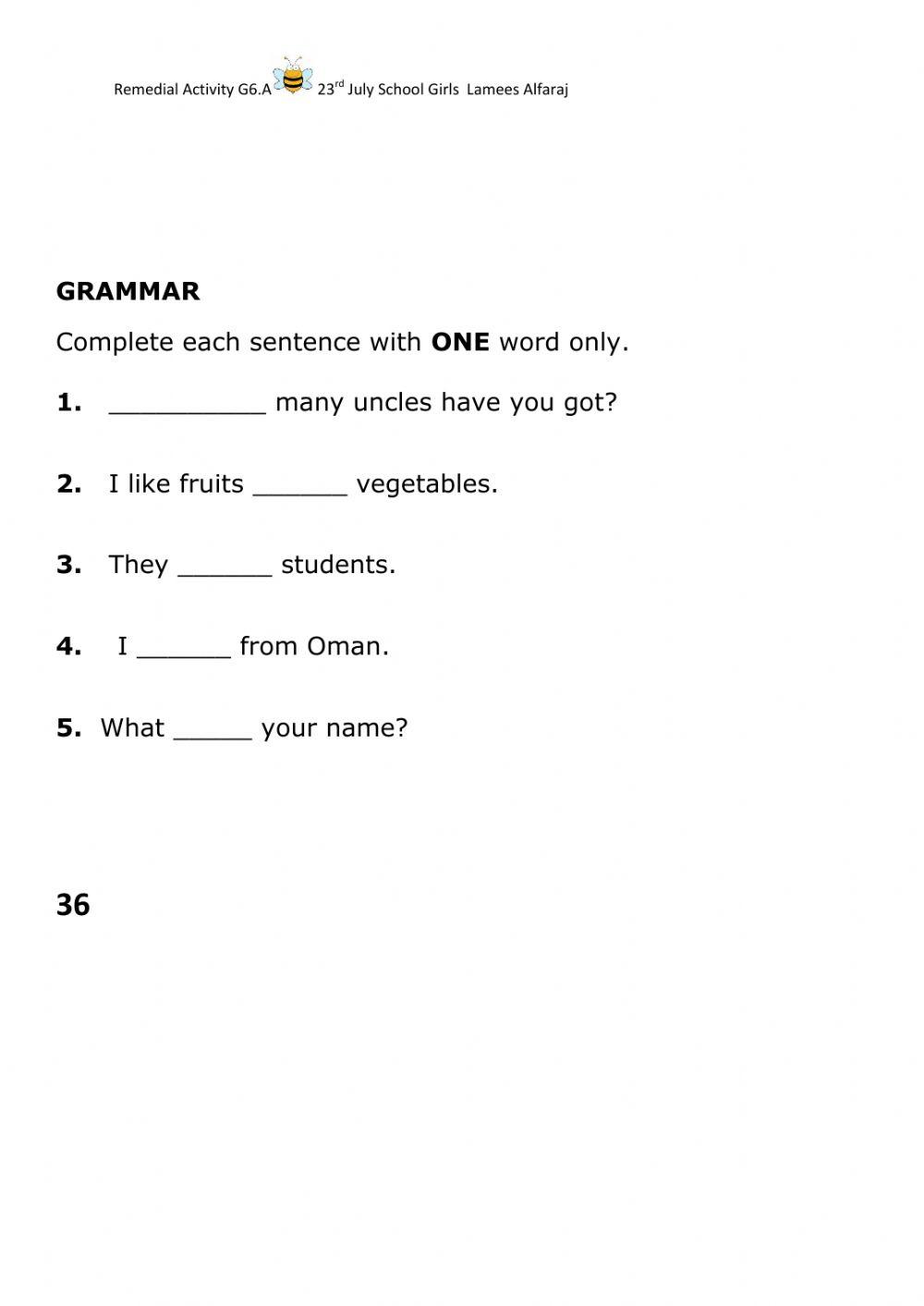 Grammar and vocab for grade6